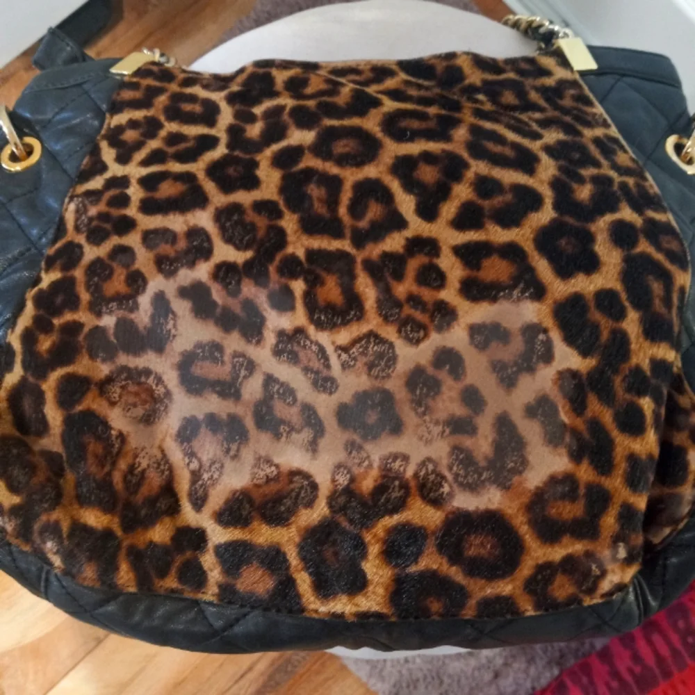 Michael Kors Leopard Print Tan and Black Chain-Accent Shoulder Bag